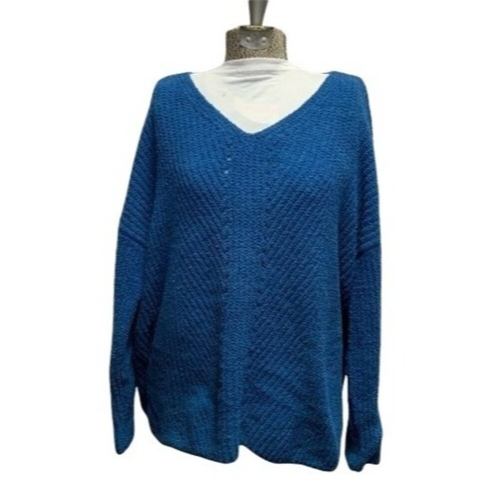 Style & Co Womens Blue Textured Knit Sweater V-Neck Long Sleeve XL